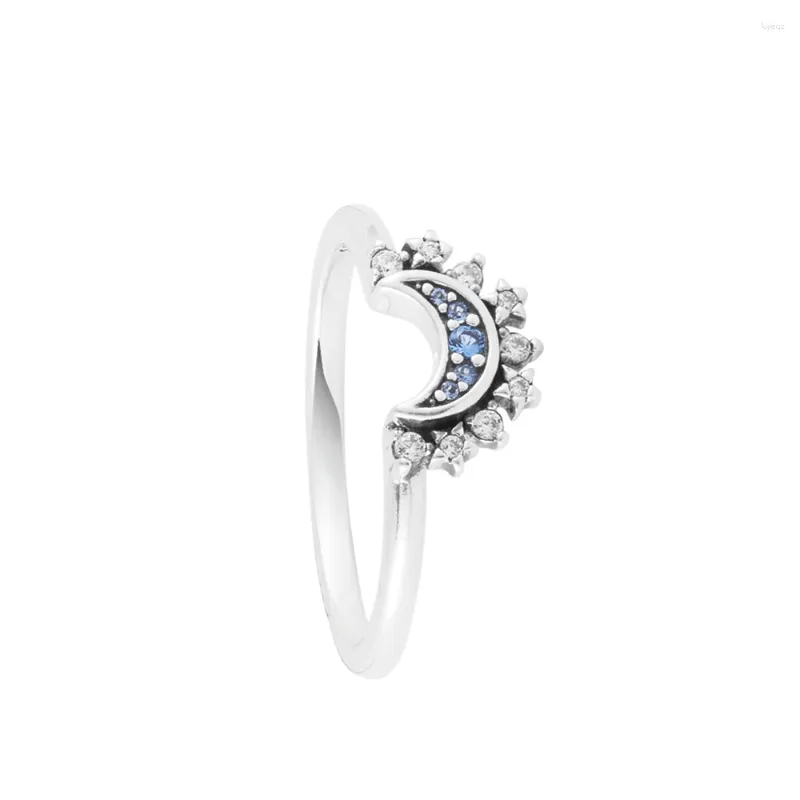 Klusterringar äkta 925 Sterling Silver Celestial Blue Sparkling Moon Ring Engagement Wedding Statement smycken för kvinnor anillos