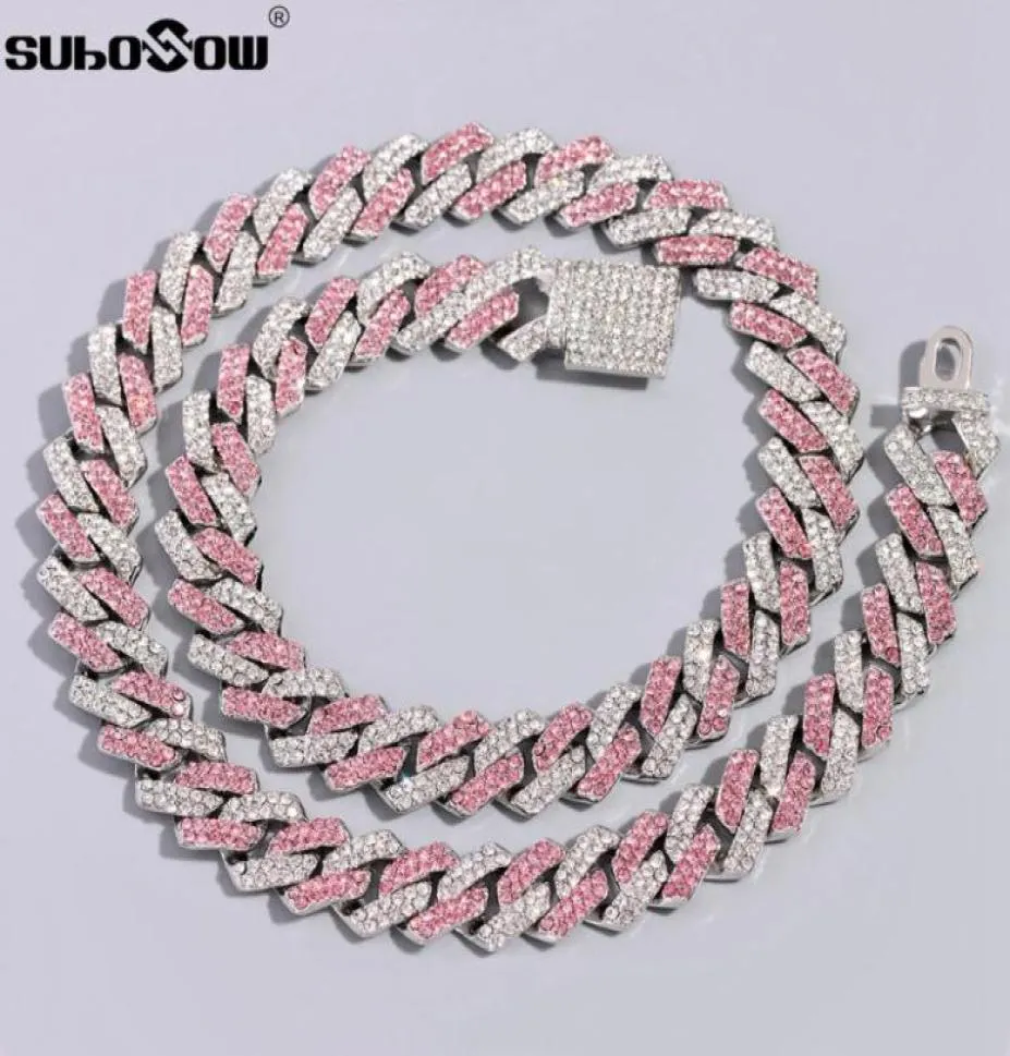 Łańcuchy rombus korbowy łańcuch kubański różowy kryształowy naszyjnik dla mężczyzn kobiety dhinstones utwardzone mrożoną biodrową biżuterię łańcuchy 57770382