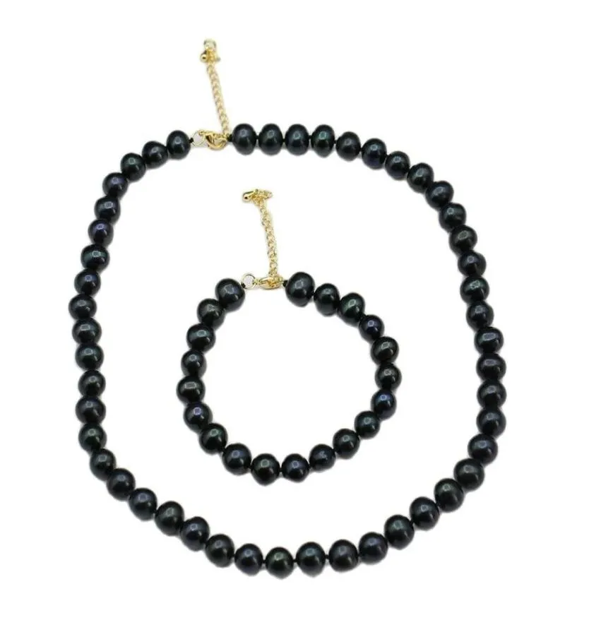 Real Natural Peacock Blue Black Round perle Collier Bracelet Sets Simple Gift For Lady Girls9099105