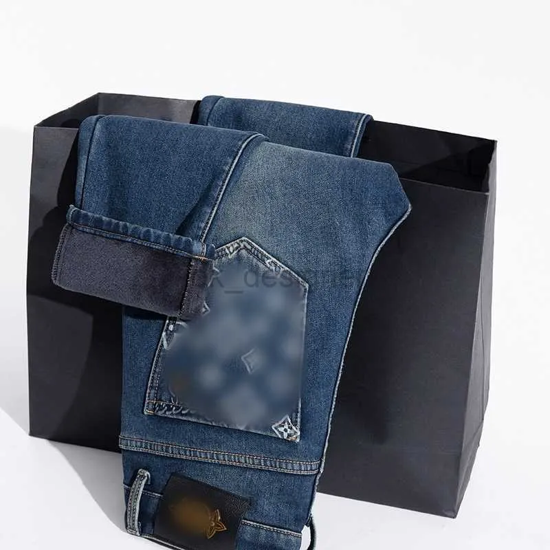 Mäns jeans designer vinter bomull denim byxor nya produktens jeans raka ben avslappnad plysch förtjockad blå jeans