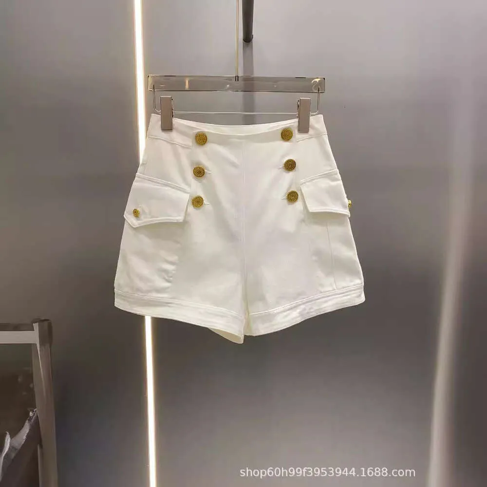 Spring/summer Metal Button Classic Platinum Color Matching High Waist Wide Leg Slim Denim Shorts