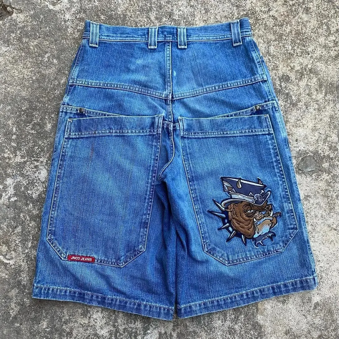 Jnco shorts y2k pantalon harajuku hip hop bulldog graphic rétro bleu baggy denim gym mene femmes