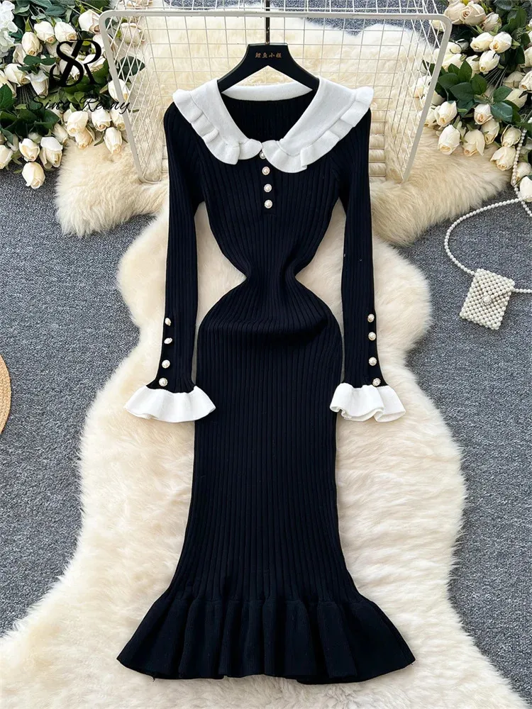 SINGREENY Women's Ultra Thin Peter Pan Collar mermaid sweater dress with Long Sleeves - Perfect for Autumn Work Preparatory Style (Style 241112)