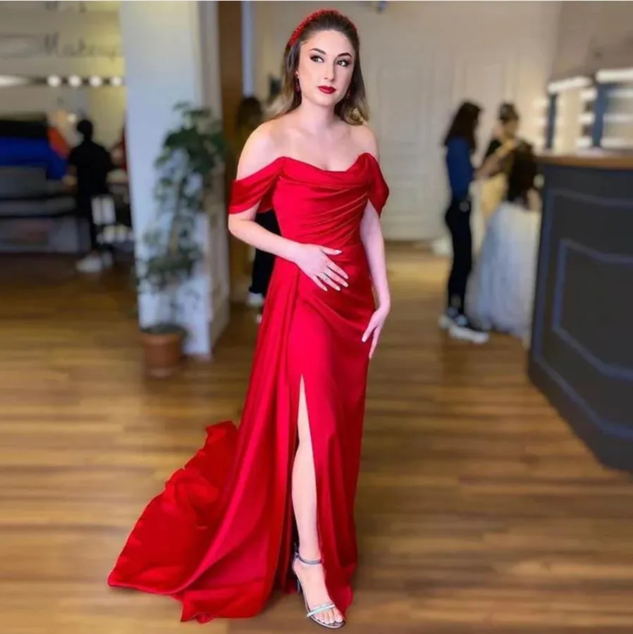 Red Satin Mermaid Evening Dresses sweetheart Long Off The Shoulder Women Party Dress Pleated Slit Formal Prom robes de soiree