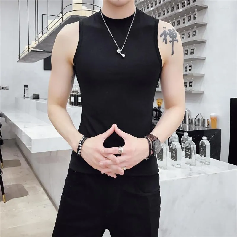 Herren Tanktops Sommer Jugend Ärmeloses Weste koreanischer Stil Trendy Slim Fit Sports T-Shirt Rollkragenpullover enge Unterhemd