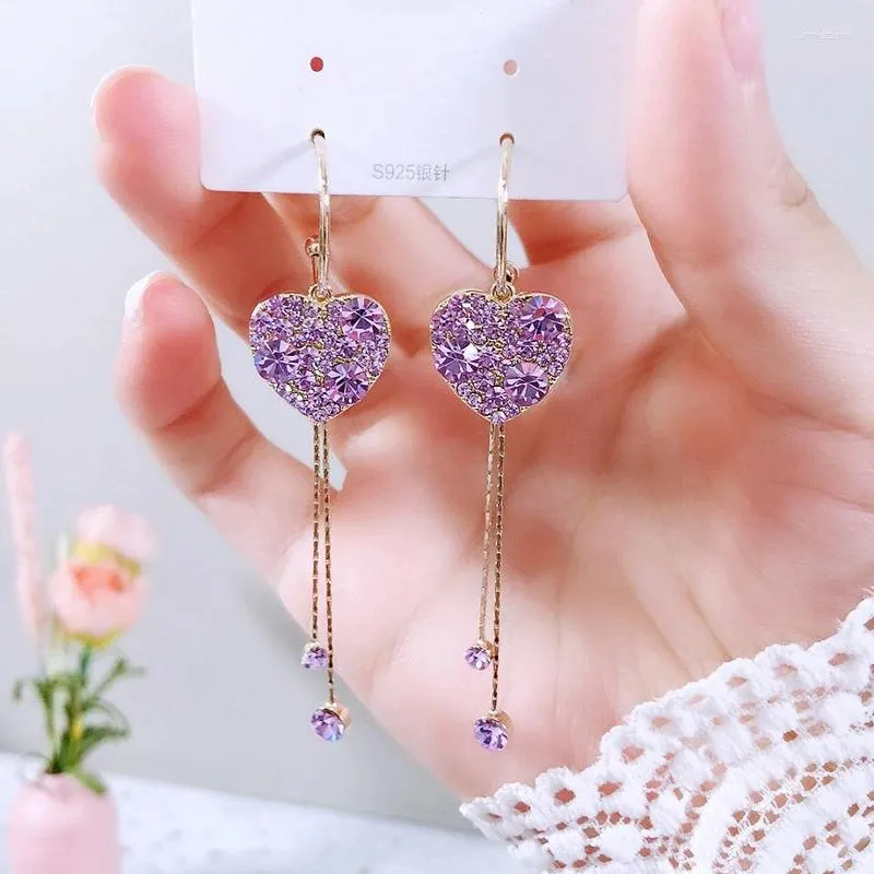 Boucles d'oreilles étalon Géométrie de mode longue Fleur Fleur Fleur Fleur Purple Rinestone Love Cœur en gros de boucles d'oreille en gros