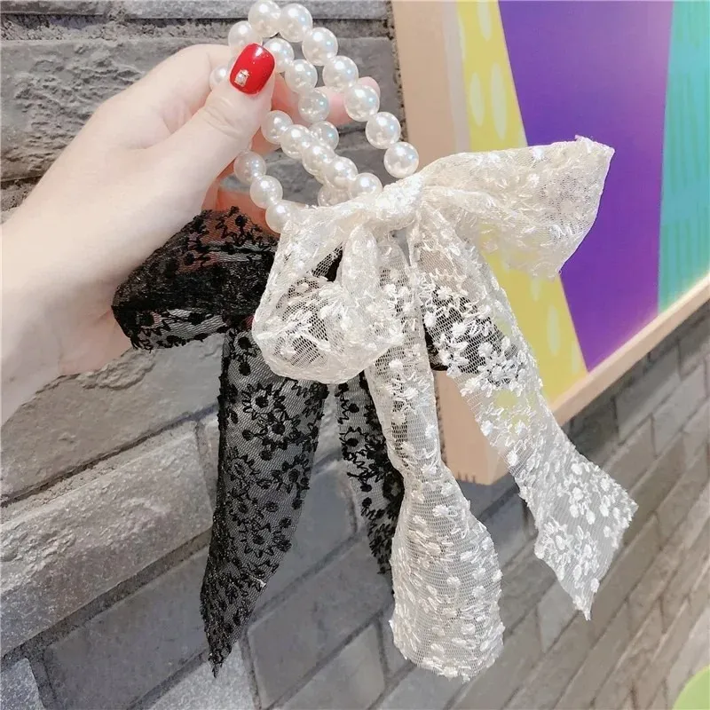 Pearl Bow Knot Hair Rope Streamer Lace Japan and South Korea New Ins Sen System Simple Streamer Large Intestine Circle