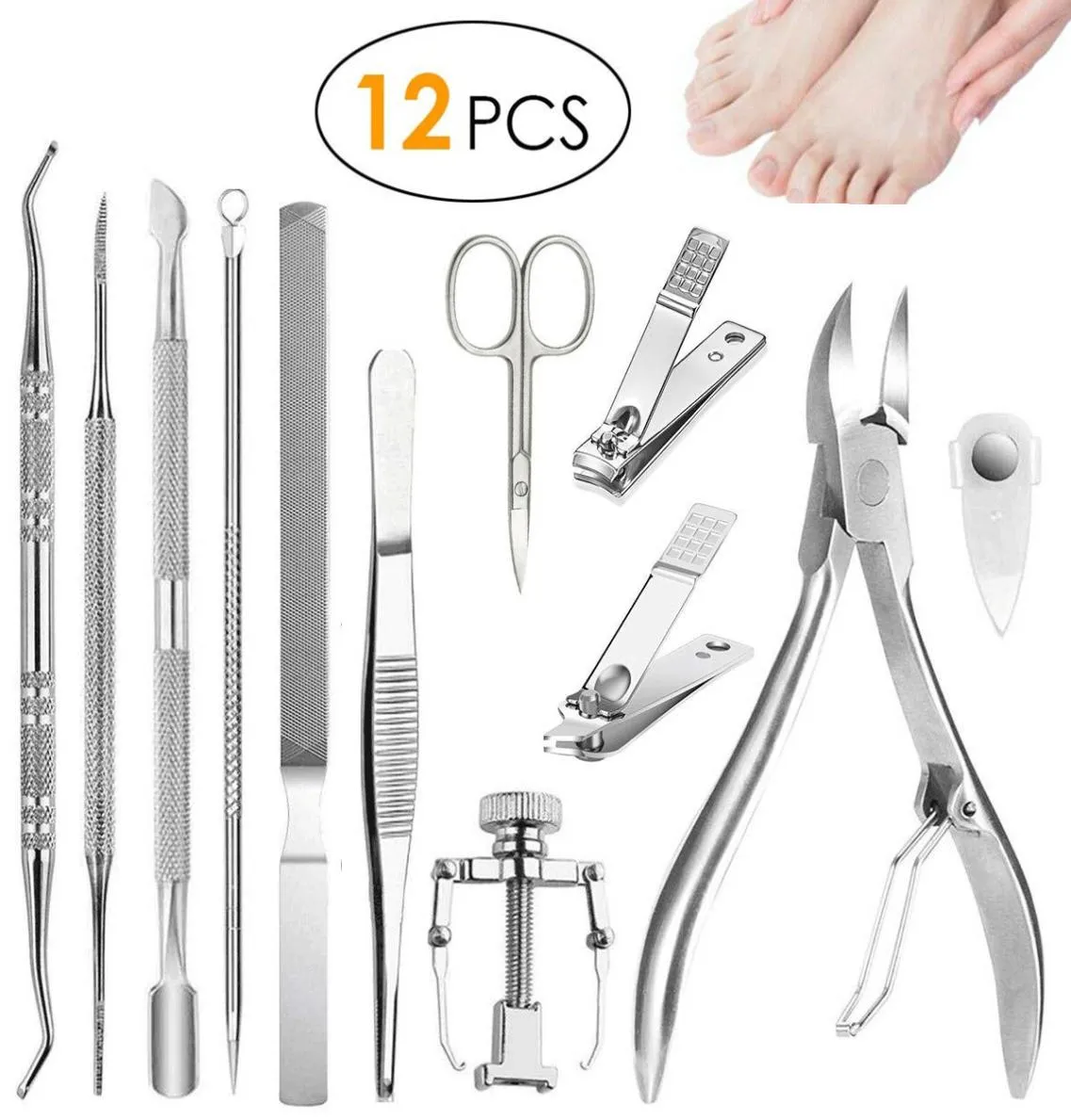 12PCSSETプロフェッショナルペディキュアツールIngrown Teenail Tools Kit Nail Care Ingrown Teenail removal Correction Clippers Foot Care 219584814