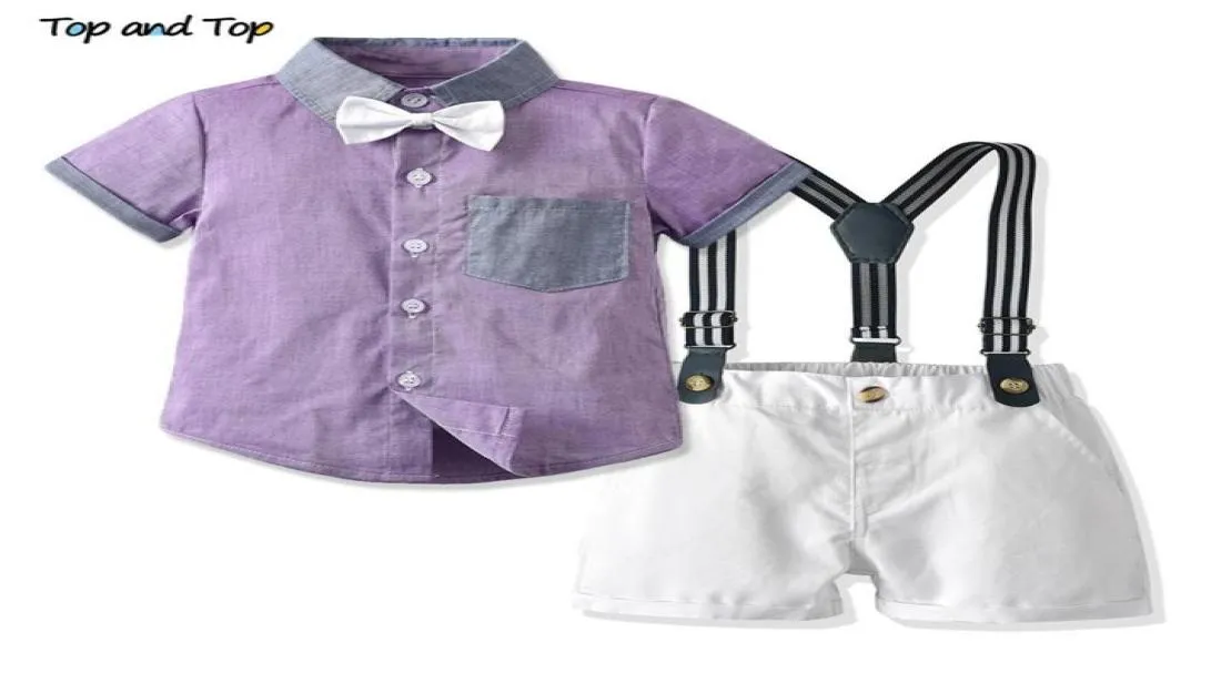 Top and Top Summer Kids Boys Casual Clothing Zestawy z krótkim rękawem fioletowe koszula kombinezon dzieci dżentelmen dżentelmen bebe garnitur x0507568852