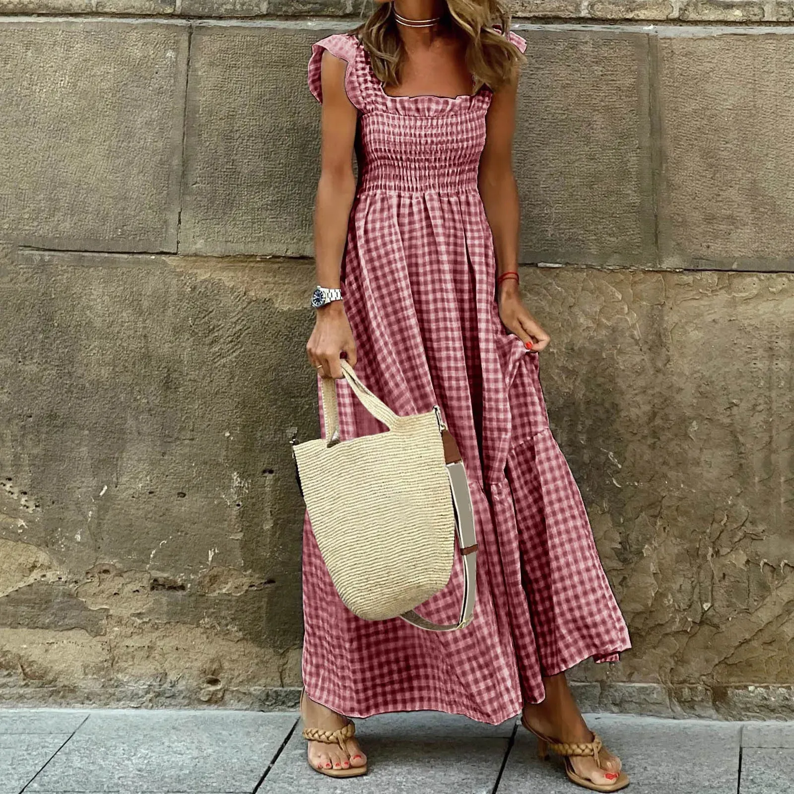 Summer Sleeveless Crew V Neck Smocked Flowy Tiered A-Line Midi Dress with High Waist - Ladies Apricot Clothing