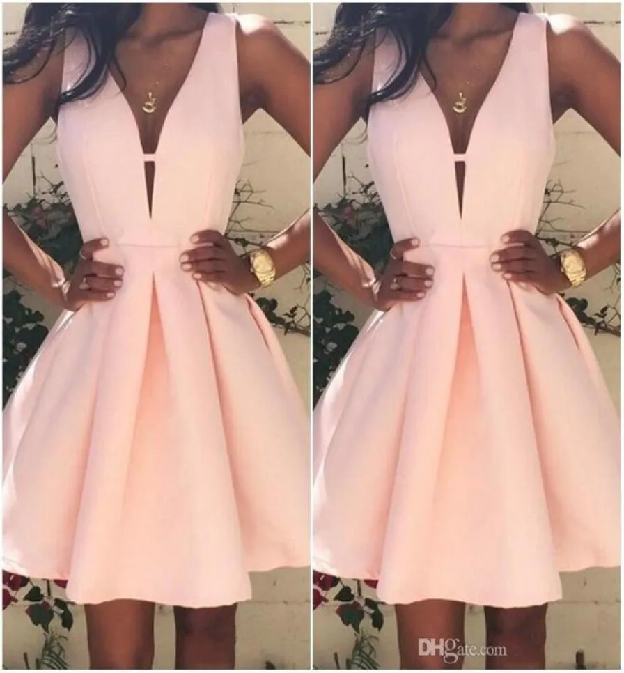 2017 Pink Short Cocktail Dresses V neck Backless Stain Mini Stain Ruffles Prom Party Dress Custom Made Special Occasion G3543064