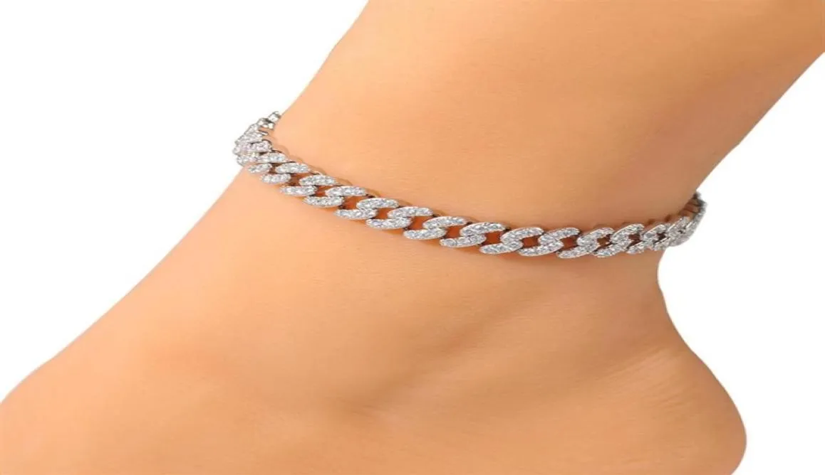 Mode Womens Anklets Armband Iced Out Cuban Link Chain Armband Gold Silver Pink Diamond Hip Hop Jewelry274B2791047