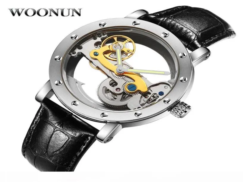 Woonun vattentät mekaniska klockor män transparent tourbillon automatisk mekanisk skeletthandledsklockor relogio masculino j1909145598