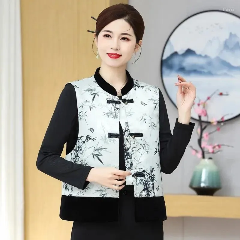 Damesvesten Chinese stijl gesp gewonden inkt Tang Suit 2024 Spring en herfst mouwloze staande kraag gedrukt Moeder V