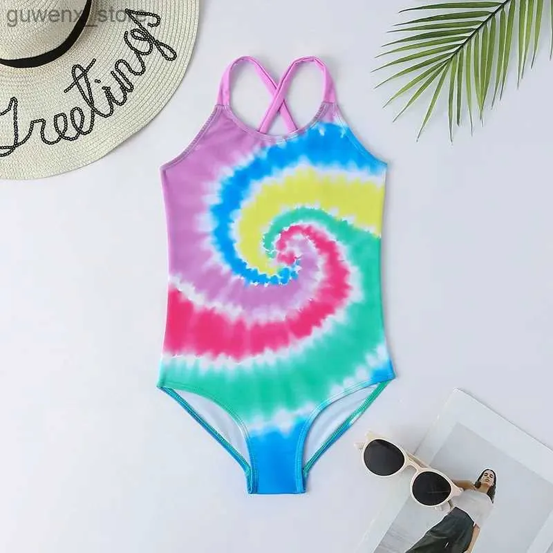 Endelar Tie Dye Girl One Piece Swimsuit Kids 5-12 år Barn Badkläder Cross Back Girls Bathing Suit Monokini Swim Beachwear Y240412
