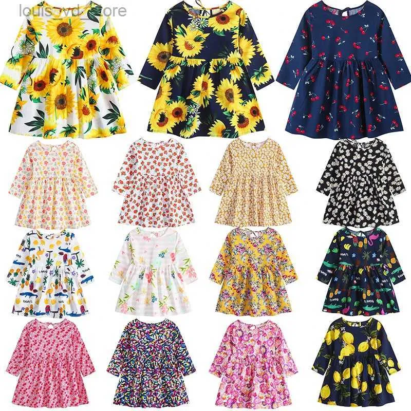 Платья девочки 2024 весеннее осенние девочки с длинным рукавом платье для печати корейское стиль детьми разбитые цветы Бальные платья для 0-6 лет детское повседневное платье T240415