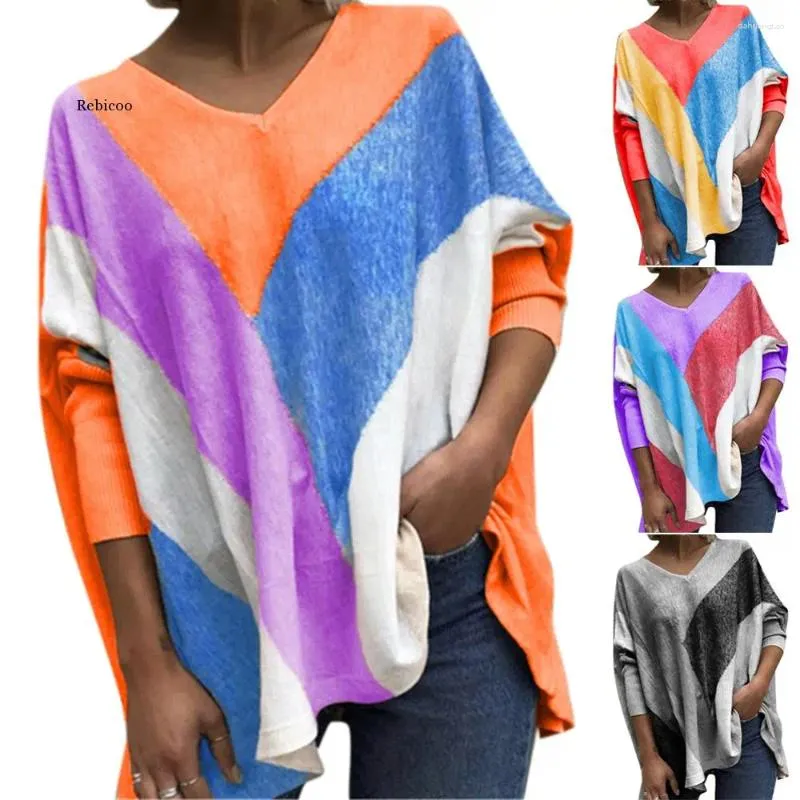 Women's T Shirts 2024 Hit Contrast Color Patchwork V-Neck Långärmad avslappnad Basic Splice Baggy Polyester Tops för kvinnokläder