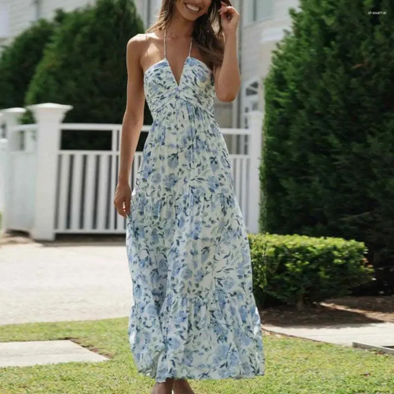 Casual Dresses V-neck Long Dress Off Shoulder Floral Print Halter Maxi For Women Vacation Beach Sundress With Design
