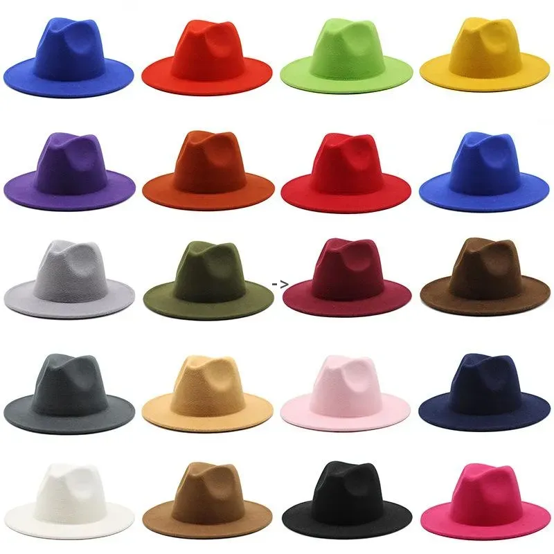 Panama Cap Jazz Hat formel rétro Laine en laine Feel Fedora Fashion Fashion Solide Couny Color largeur Unisex Trilby Chapeau pour hommes Femmes 0415