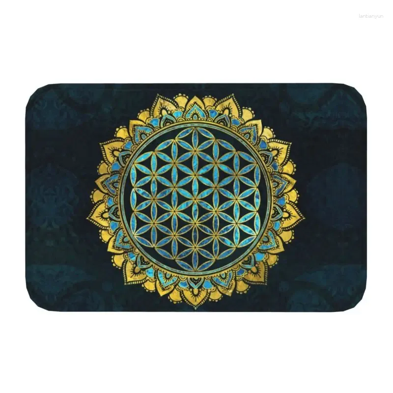 Teppiche Blume des Lebens Gold Eine blaue Textur Glasvordertürboden Eingangsmatten Mandala Geometrisches Muster Badezimmer Küchen Teppichteppich