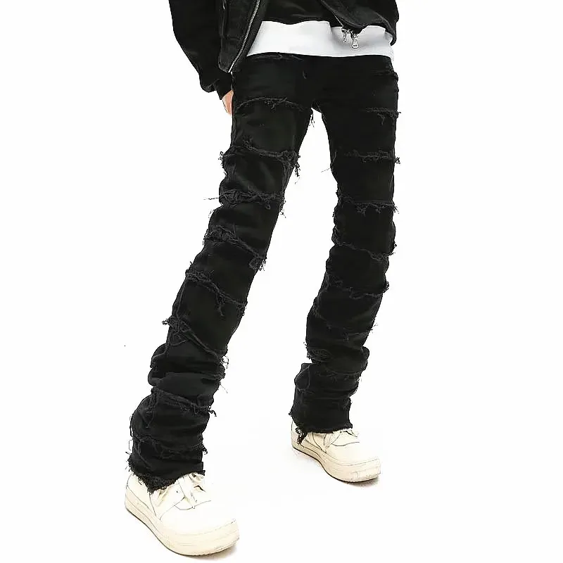 Roupas grunge y2k streetwear preto calça de jeans manchada para homens masculinos de hip hop longos calças vetementos homme 240415