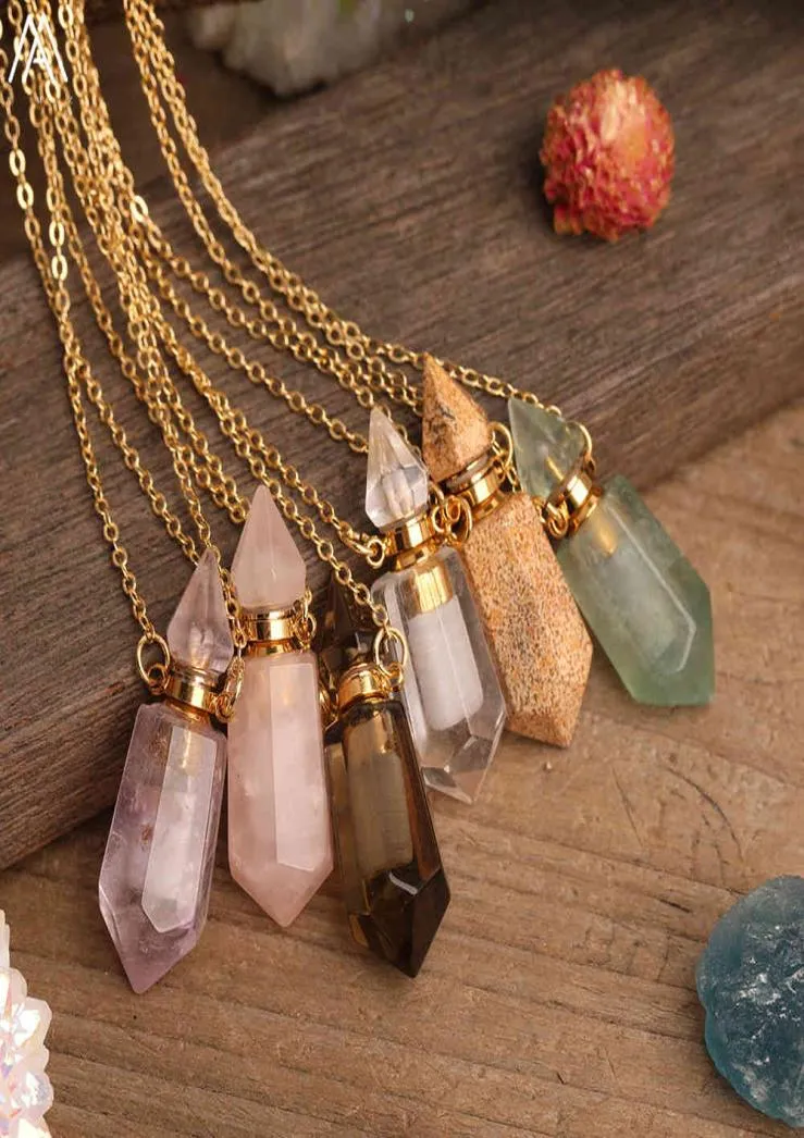 Natural Gems Stone Faceted Prism Perfume Bottle Pendants NecklaceCut Hexagon Points Crystal Essential Oil Diffuser Vial Charms3366198