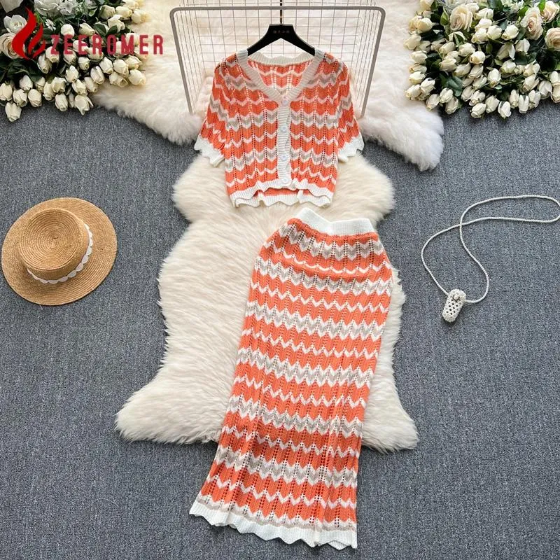 Vestidos de trabalho 2024 Kniskirts Sets Office Lady Fashion Wave Striped Hollow Out Baber Sleeve Knit