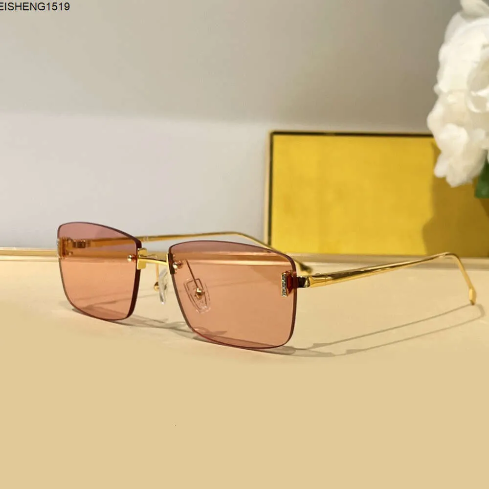 Gold Pink Rimless Sunglasses with Stones Women Men Summer Fashion Sunnies Gafas De Sol Sonnenbrille Shades Eyewear Box