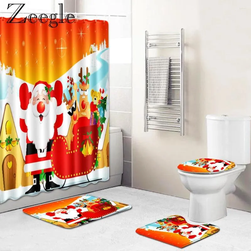 バスマットZeegleクリスマスカーテンシャワーバスルームカーペットセット吸収トイレラグマット洗える