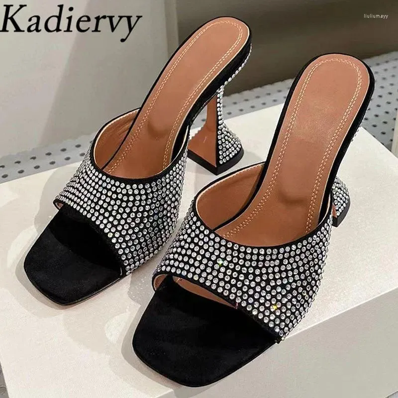 Slippers Sexy High Heels Femmes Square Peep Toe Runway Party Chaussures Femme Summer Sides Cup Crystal Slipprs