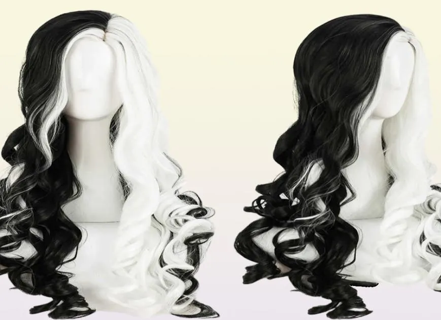 Cruella Deville de Vil Cosplay Wigs 75 cm lång lockig halv vit svart värmebeständig syntetisk hårkapital y09138264599