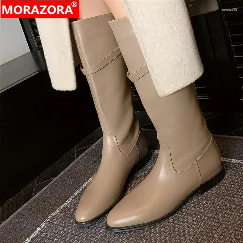 Botas Morazora 2024 Oficina Damas Slip en primavera Autumn Square Tisos bajos Zapatos Rodilla de cuero genuina