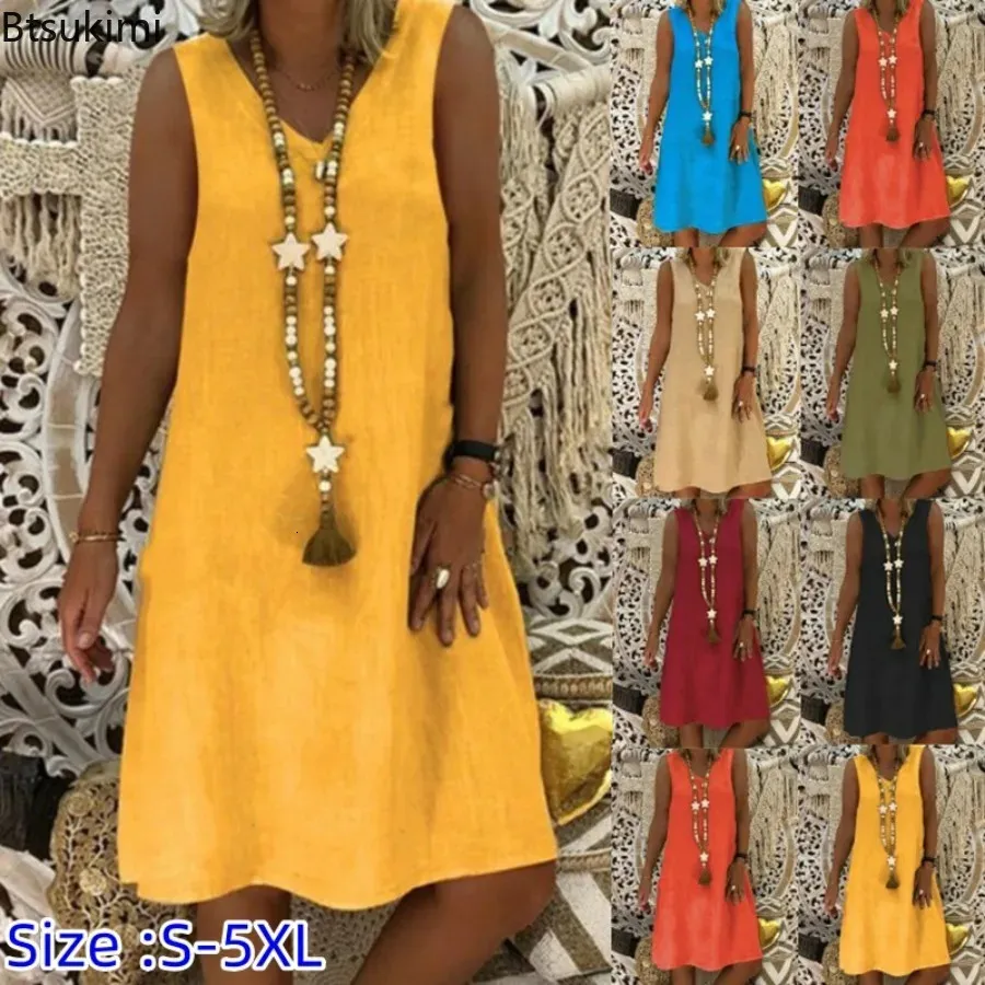 Womens Summer Tank Dress Solid Oversized Female Cotton Linen V Neck Sleeveless Beachwear Casual Vestidos S5XL 240415