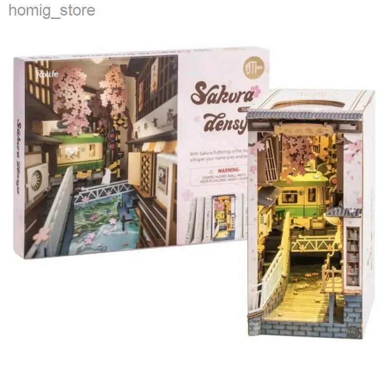 3DパズルロボットタイムROLIFE SAKURA DENSYA BOOK NOOK DIY Dollhouse Bookend Model Kit本棚の装飾用LEDライト木製パズル-TGB01 Y240415