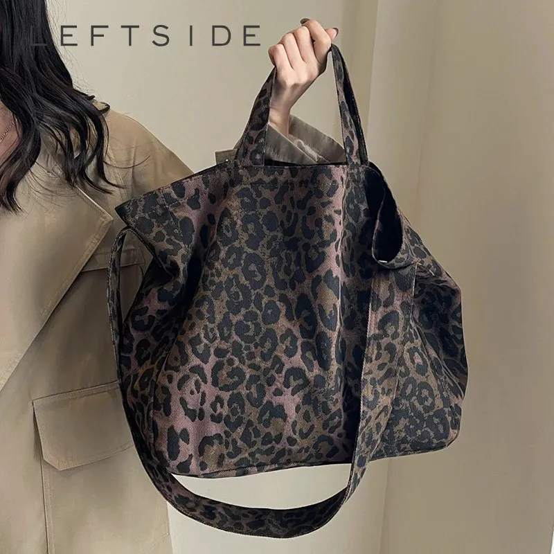 LEFTSIDE LEOPARD DESIGN 2024 KOREAN Fashion Big Crossbody Bags for Women Travel Handbag Lady Shopper Shopping Shopping Bag 240415