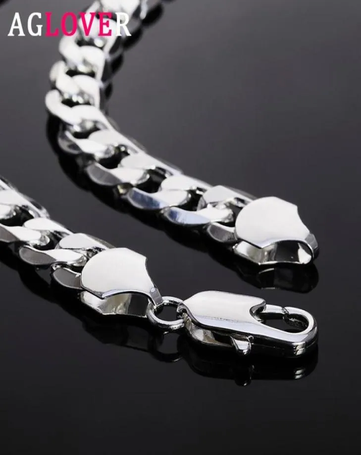 Aglover 925 Sterling Silver Cuban Chain 12mm 18202224262830女性ファッションジュエリーギフト2085610のためのサイドチェーンネックレス