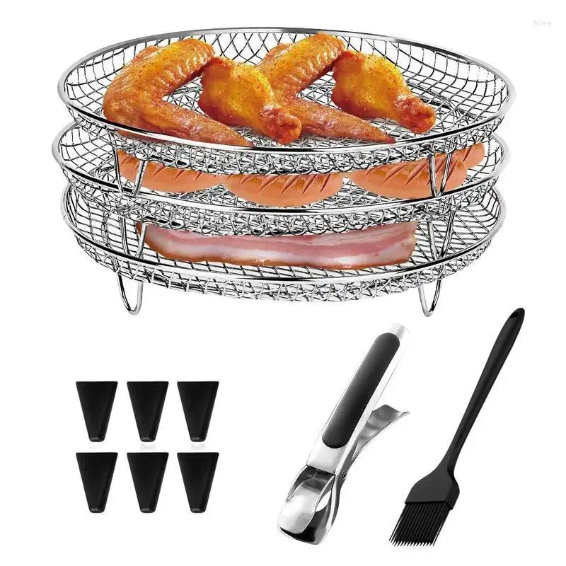 Dubbla pannor 3 lager luft fryer rack stapelnät grillning rostfritt stål antikorrosion för hemkök ugn ångare spis gadget