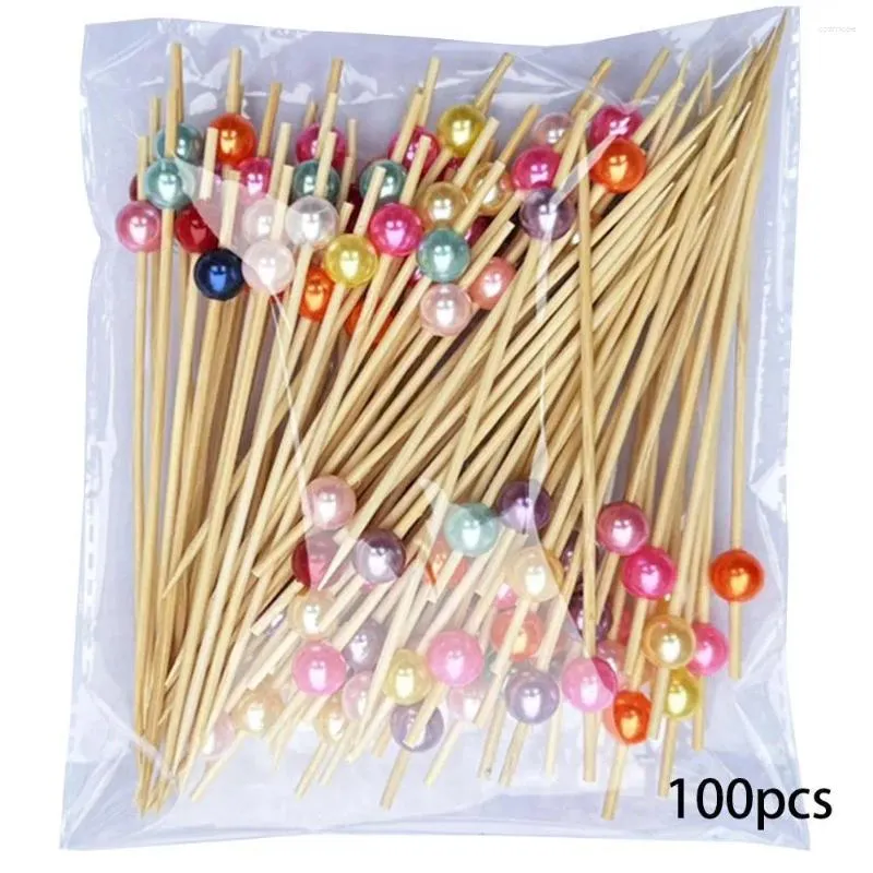 Gabeln 100pcs farbenfrohe Perlen Bambus Obst Picks Hochzeitsfeier Einweg -Kuchenstangen Cupcake Zahnstocher Spieß