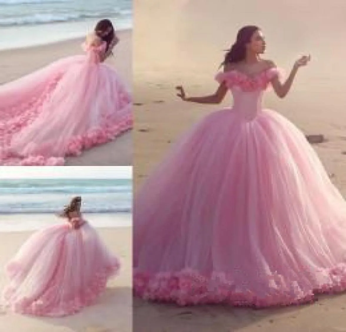 2021 vestidos quinceanera vestidos rosa -rosa vestidos de baile fora do ombro espartilho 16 vestidos de baile com flores feitas à mão1418514