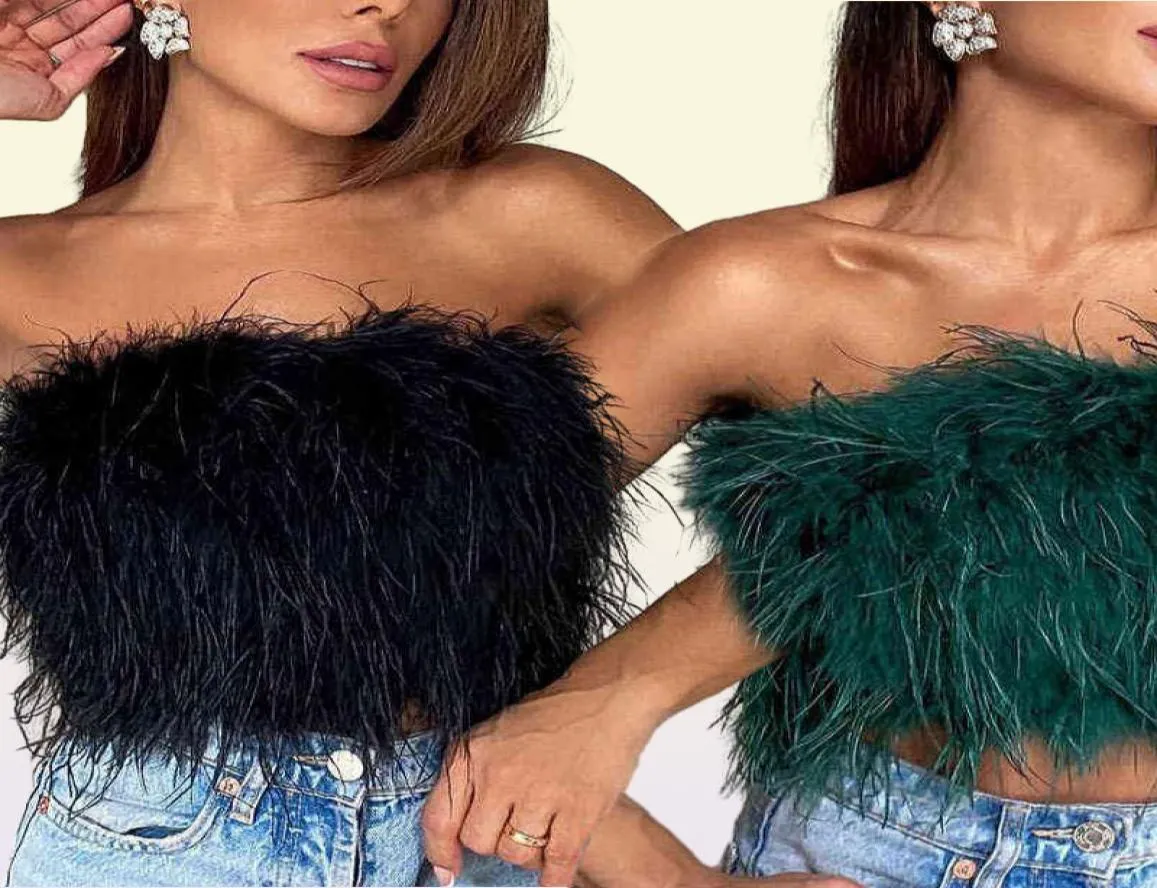 Women Tube Tops Sexy Shoulder y Feather Tank Top Female Summer Green Cropped Tops Lady New Party Club Vest 2022 Y2203047075007