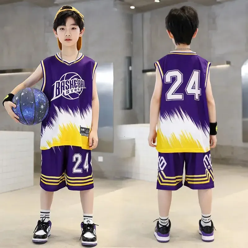 RAGAZZI Summer-asciugati 23 basket 24 Sport Sports Abiti per ragazzi Sleeveless Vsetshort Pants 2pcs Set Kids Sports Outfit Abbigliamento 240401