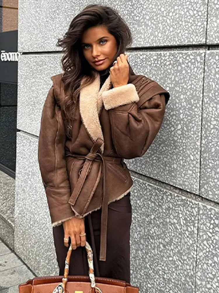 Stylish Warm Plush Leather Winter Jacket Long Sleeve Lapel