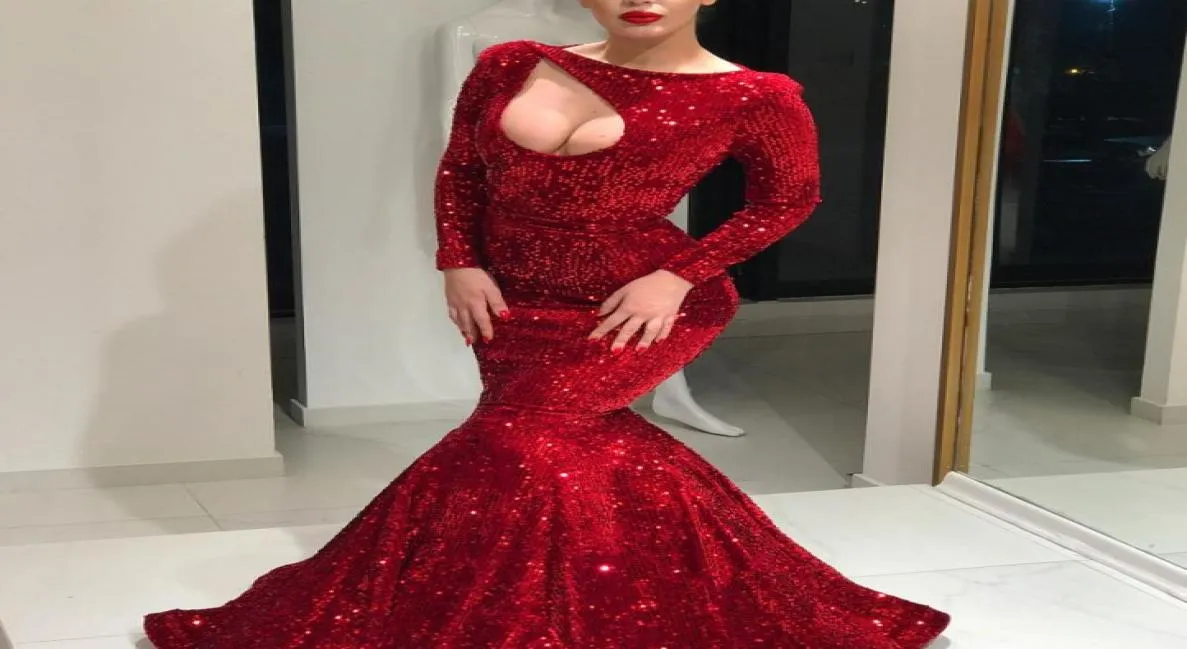 Vestidos de baile de lantejoulas vermelhas lindas de lantejoulas brilhantes de mangas compridas de mangas longas da sereia 2018 Sexy Dubai Saudi Celebrity Night G9882480