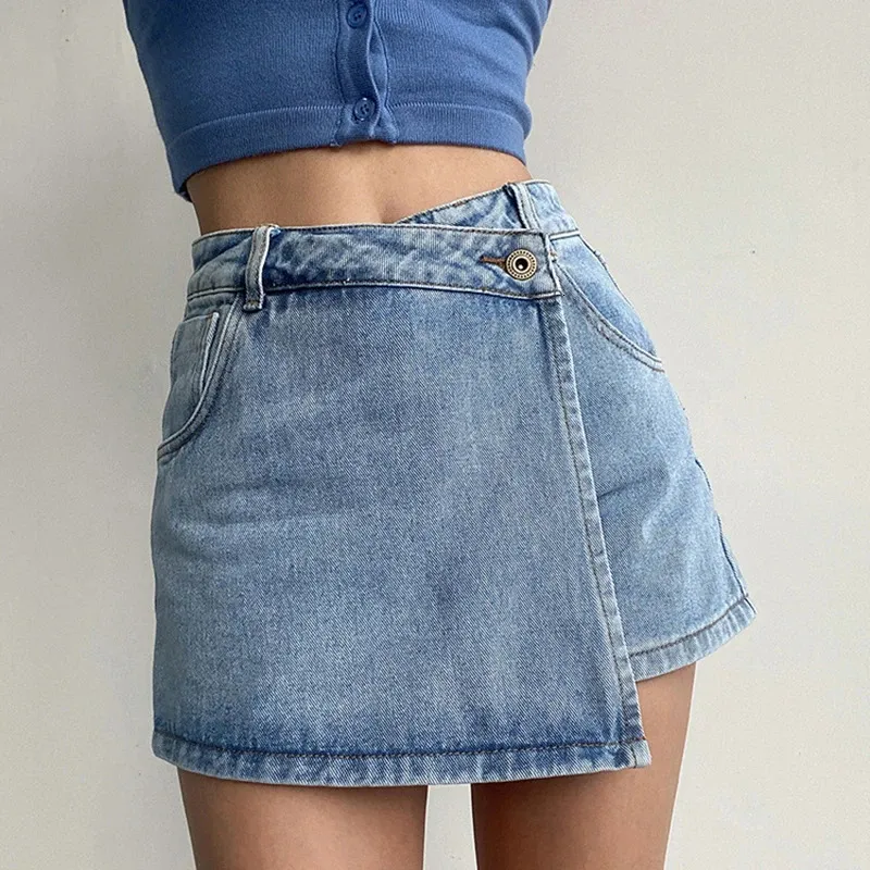 Rimocy mode onregelmatige hoge taille denim shorts vrouwen zomer een lijn rok broek vrouw streetwear blauw korte jeans vrouw 240415