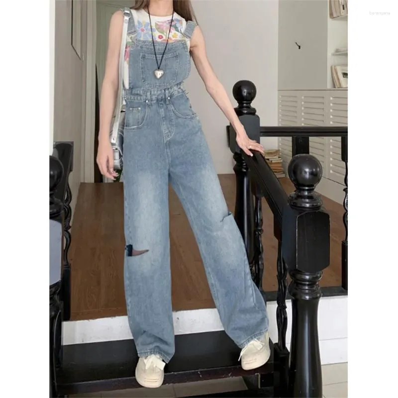 Women's Jeans Women Blue Denim Overalls Slim Waist Holes Wide Leg Straight Suspender Female Summer Casual Jumpsuit Trousers