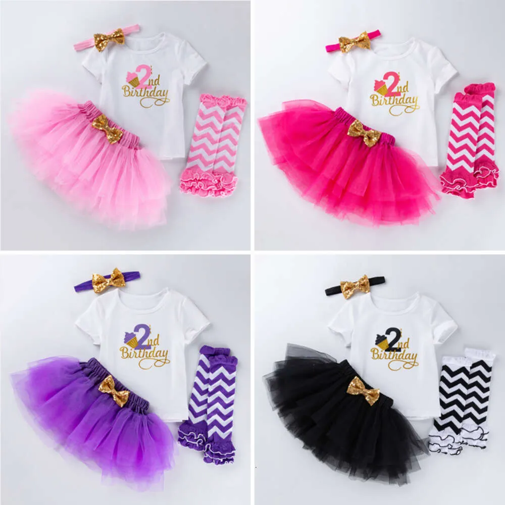 Roupas de menina de 1 ano de idade de 4 peças de manga curta Camiseta de saia princesa