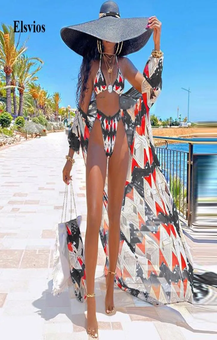 2021 Kvinnor Push Up High midje Bikini Set Geometric Print 3 -stycken Swimsuit Sexig Cover Up Bathing Suit Brasilianska Biquini Swimwear3719842