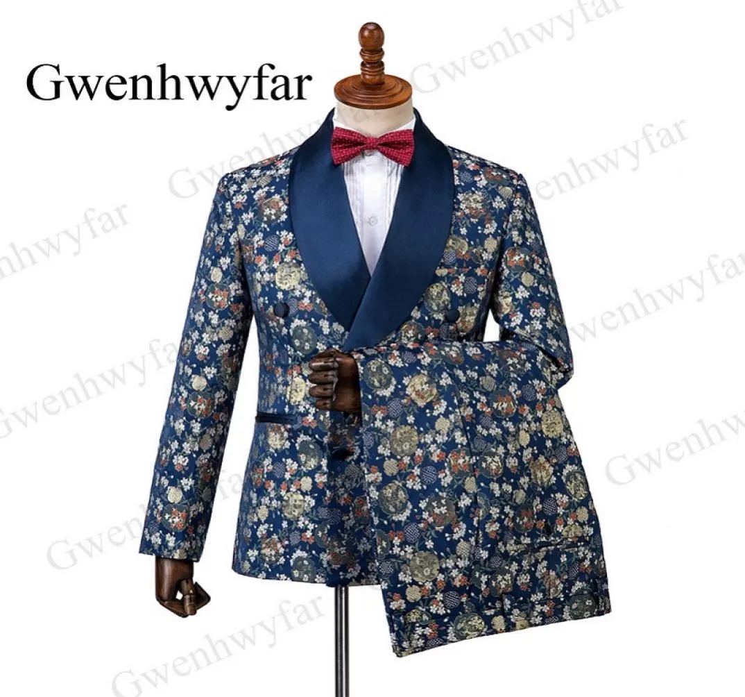 Gwenhwyfar Men Suits 3ピース2019 Autumn Banquet Series Chrysanthemum Navy Blue Groom Men Wedding Tuxedos Double Brechid8260913
