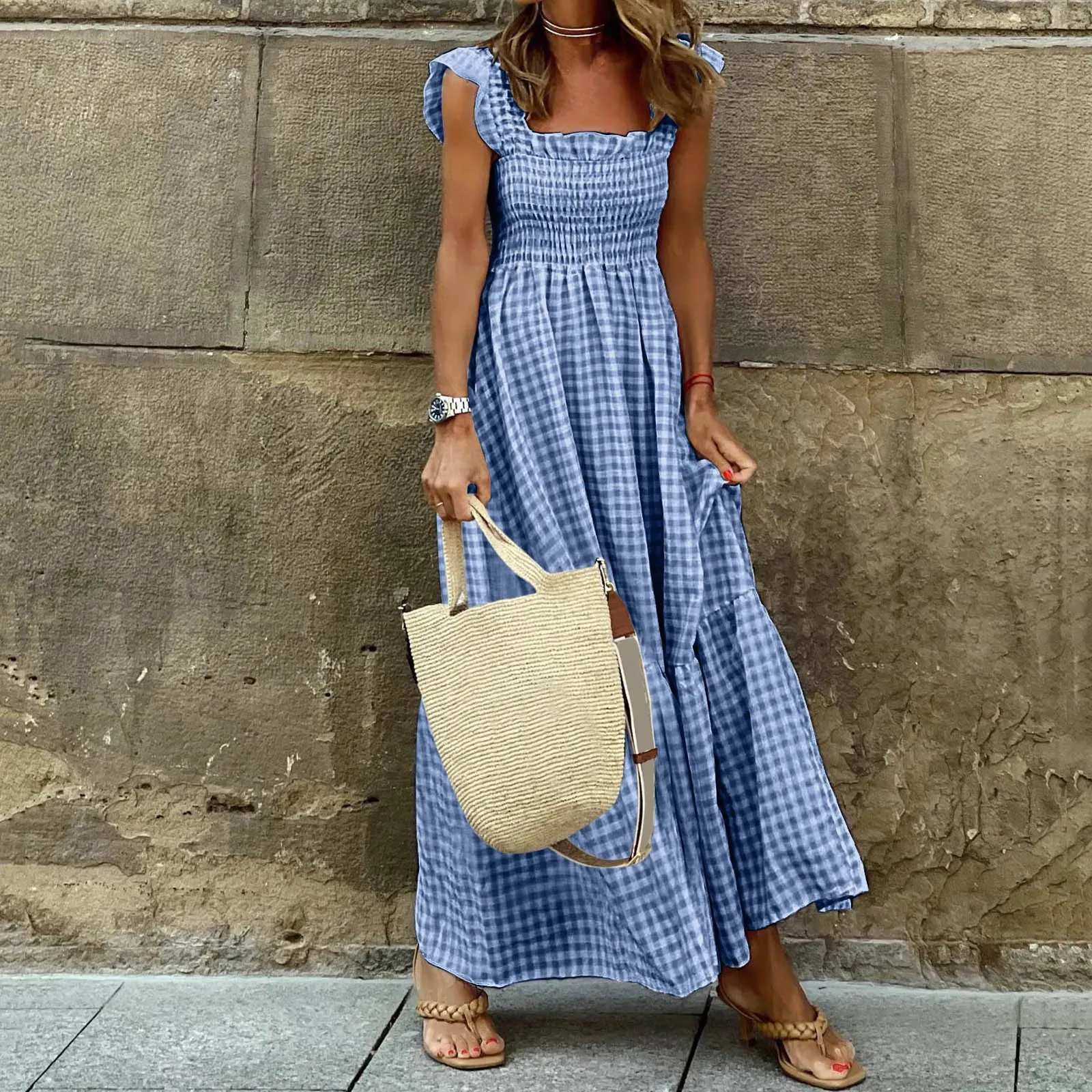 Ladies Dresses Smocked Shift Dress Summer Sleeveless Crew V Neck Smocked Flowy Tiered A-Line Midi Ladies Dresses Smocked Shift Dress Summer Sleeveless Crew V Neck Smocked Flowy Tiered A-Line Midi