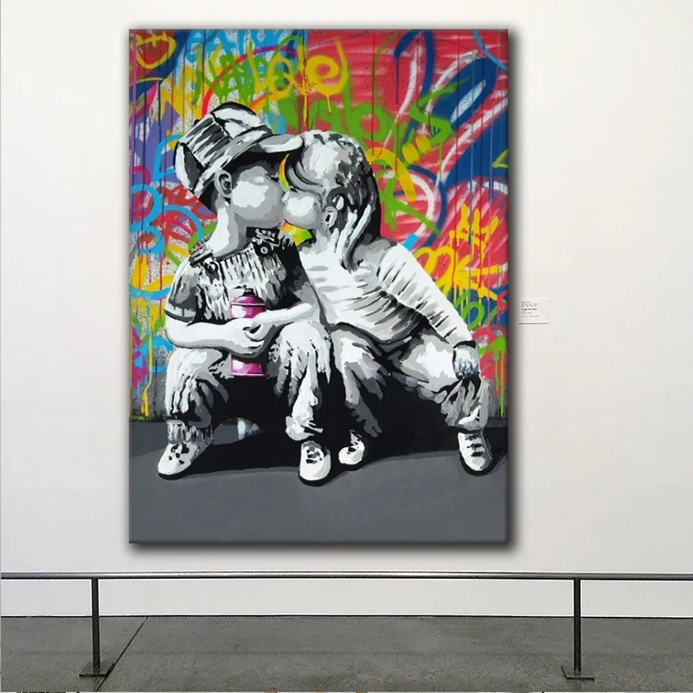 Banksy Streszczenie sztuki ścienne Graffiti Pop Art Canvas Malarstwo olejne moda chłopiec i dziewczyna Kiss Plakat